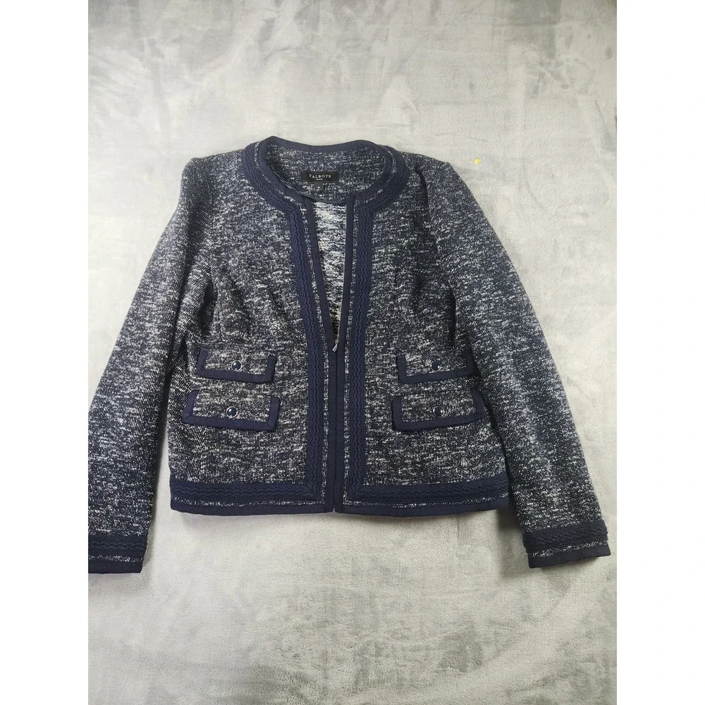 Talbots Women's Tweed Blazer Blue Trim Fitted Zipper Jacket Cotton Blend Size 6P